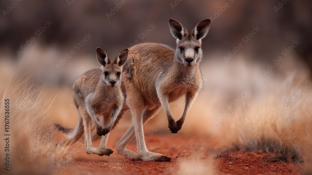 Fototapeta premium Mother kangaroo and joey hopping across a vibrant red desert landscape in Australia