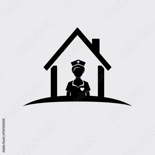 Silhouette of a nurse inside a house outline, representing home healthcare or nursing services.