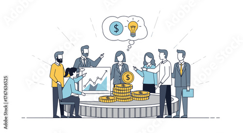 A group of business people gather around a table with coins and a chart, discussing ideas and investment.