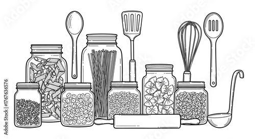 Kitchen utensils and ingredients outline with jars, spoons, and pasta in blac…