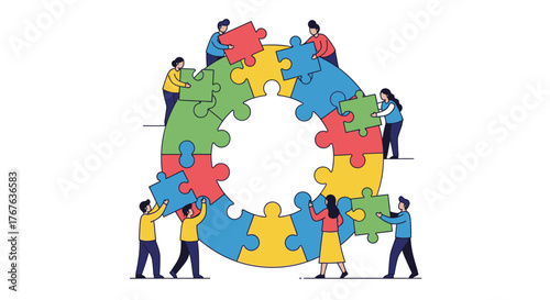 A group of people collaborate to assemble a large, colorful circular jigsaw puzzle with a missing center.