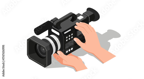 Isometric film camera with hands: modern cinematic equipment in 3d design