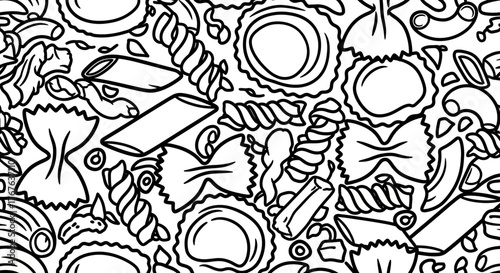 Monochrome doodle pattern of various pasta shapes in black and white