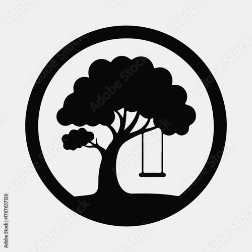 Silhouette tree with swing inside circle logo emblem Vector illustration