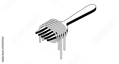 Minimalist linear fork twirling spaghetti dripping sauce in black and white d…