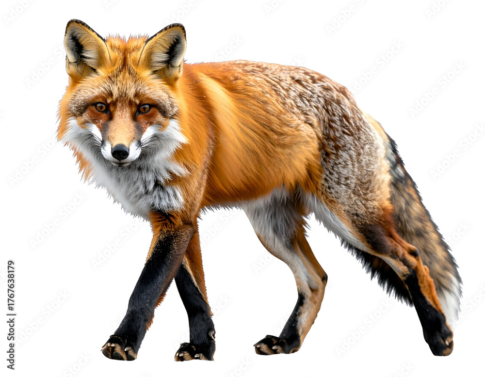 Fototapeta premium Red fox walking gracefully front view isolated on transparent background PNG