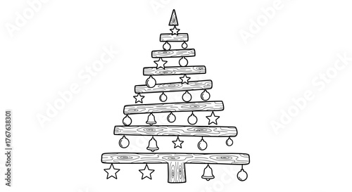 Wooden log christmas tree with ornaments and stars