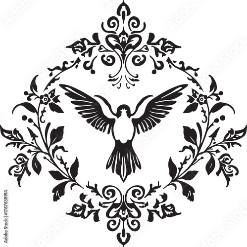 Floral Bird Silhouette with Ornamental Flowers
Vintage Dove and Floral Pattern Decorative Design
Elegant Bird with Floral Frame Vector Art