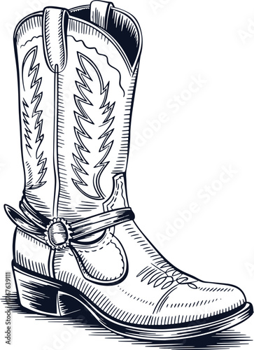 Classic wild west cowboy boot illustration, black and white vintage engraving, tall leather boot with stitched patterns and metal spur, hand-drawn monochrome vector line art isolated on white backgrou