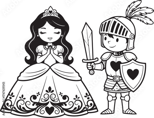 Cute cartoon princess with praying hands and a knight in armor holding a sword and shield