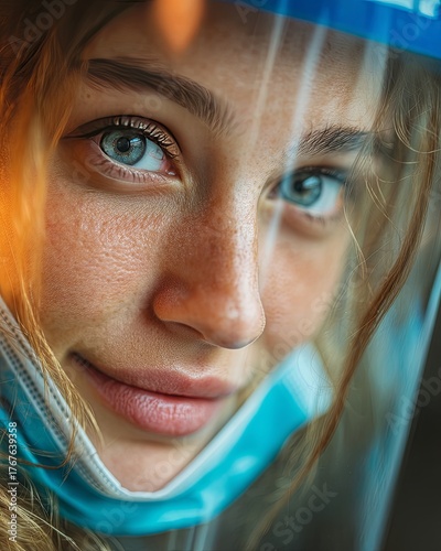 Close-Up of Person Wearing mask with Freckles and Light Eyes in Warm Lighting