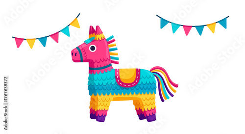Colorful festive piñata with bunting flags for celebrations and parties