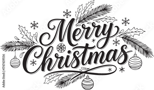 Merry christmas handlettered typography with festive pine branches and ornaments