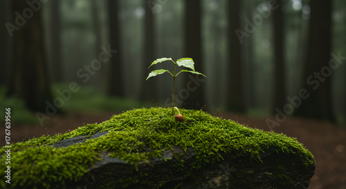 Tiny green plant sprouting from mosscovered rock in a forest