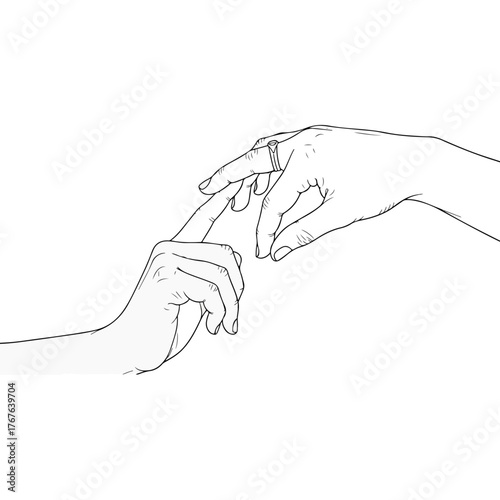 Gentle touch between two hands, fingers reaching out to connect, a symbol of love and connection, romantic gesture, engagement ring detail