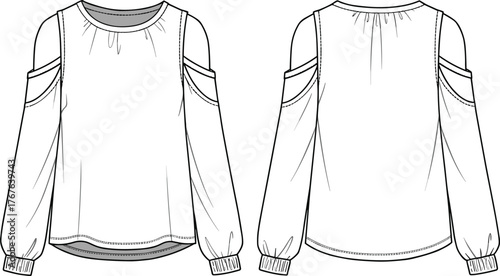 Fashion vector illustration of women’s cold shoulder blouse with long sleeves, elastic cuffs, round neckline, front and back technical design