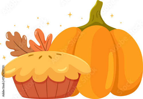 Pumpkin Pie and Pumpkin Illustration, Cozy Autumn and Thanksgiving