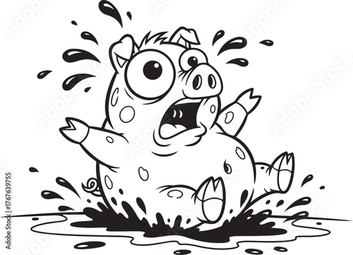 Funny cartoon pig falling into mud with surprised expression