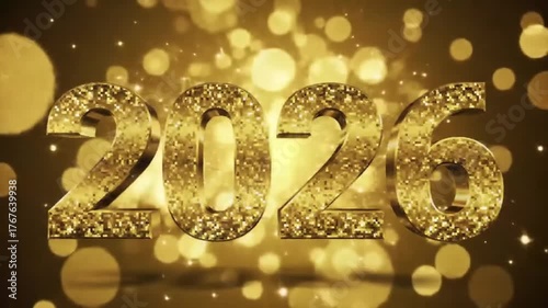 Shiny red balloons form the year 2026 amidst a festive golden balloon and curtain display