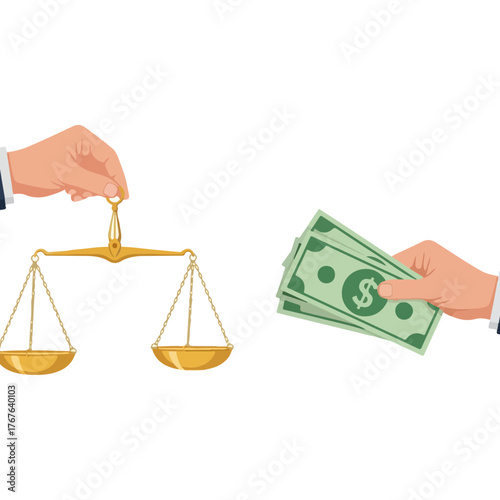 Conceptual illustration of a hand offering money in exchange for scales of justice representing fairness and legality balance