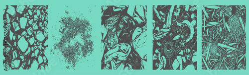 Five different grunge textures with resembling crumpled paper, paint splatters and abstract organic shapes on a solid teal background