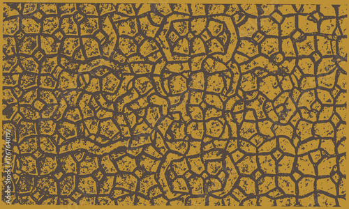 Mosaic seamless pattern with grain textured appearance, irregular dark brown lines on a mustard-yellow background
