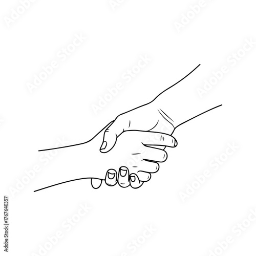 Close-up line art illustration of a child's hand being held by an adult's hand, symbolizing care, support, and protection
