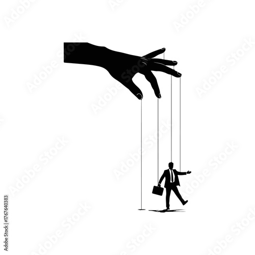 Giant hand controlling a businessman puppet with strings, symbolizing manipulation and control in business and corporate environments