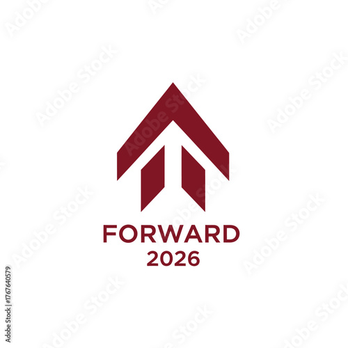 Forward 2026 logo featuring a stylized arrow pointing upwards in maroon.