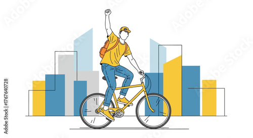 Person on a Bicycle with Arm Raised in Cityscape Setting Depicting Progress and Achievement