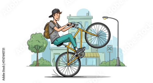 Cartoon illustration of a young cyclist performing a wheelie on a yellow bicycle in an urban setting