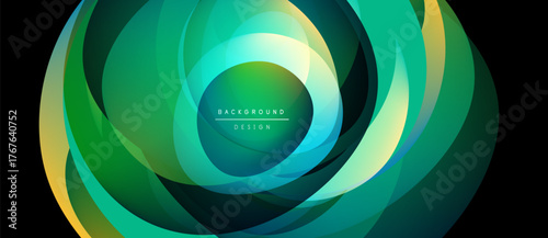 Abstract green design features layered circular shapes. Gradient colors create dynamic visual effect. Modern background element.