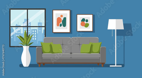 Flat-style vector illustration of a cozy living room with a sofa and decoration for interior