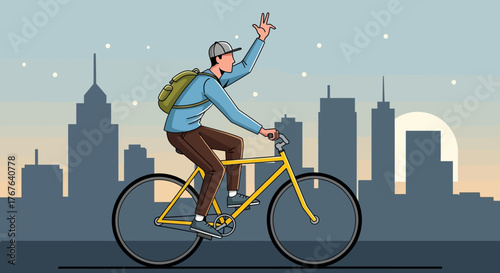 Urban cycling: A stylized illustration of city life and sustainable commuting with bright yellow