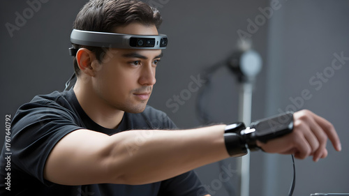 A close-up, atmospheric shot of a person with a disability using a non-invasive brain-computer interface (a sleek headband) to control a prosthetic arm.