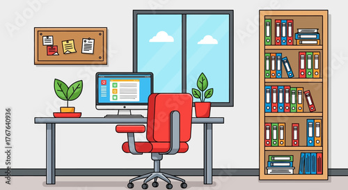Illustration of a modern office setup with desk, computer, and file cabinet perfect for business