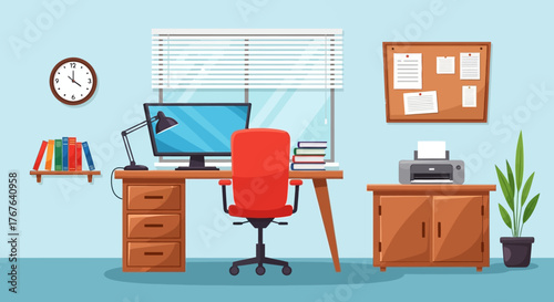 Cartoon office interior with desk, chair, computer, lamp and plant in a minimalist setting