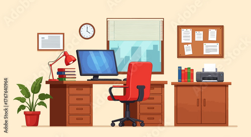 Well-Organized Home Office with Modern Computer Setup and Comfortable Workspace Ambiance