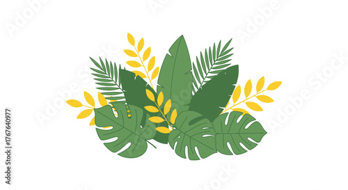 Vibrant tropical foliage composition with lush green tones and cheerful golden yellow accents
