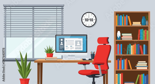 Creative workspace depiction showcasing a modern office setup with a computer and vibrant elements