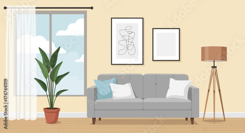 Interior illustration displaying a comfortable living room with a calming and inviting atmosphere