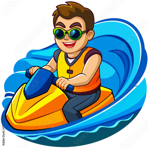 Cartoon man on a jet ski riding across blue ocean waves