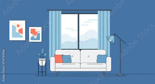 Stylish living room illustration with minimalist decor and serene color palette evokes calm and