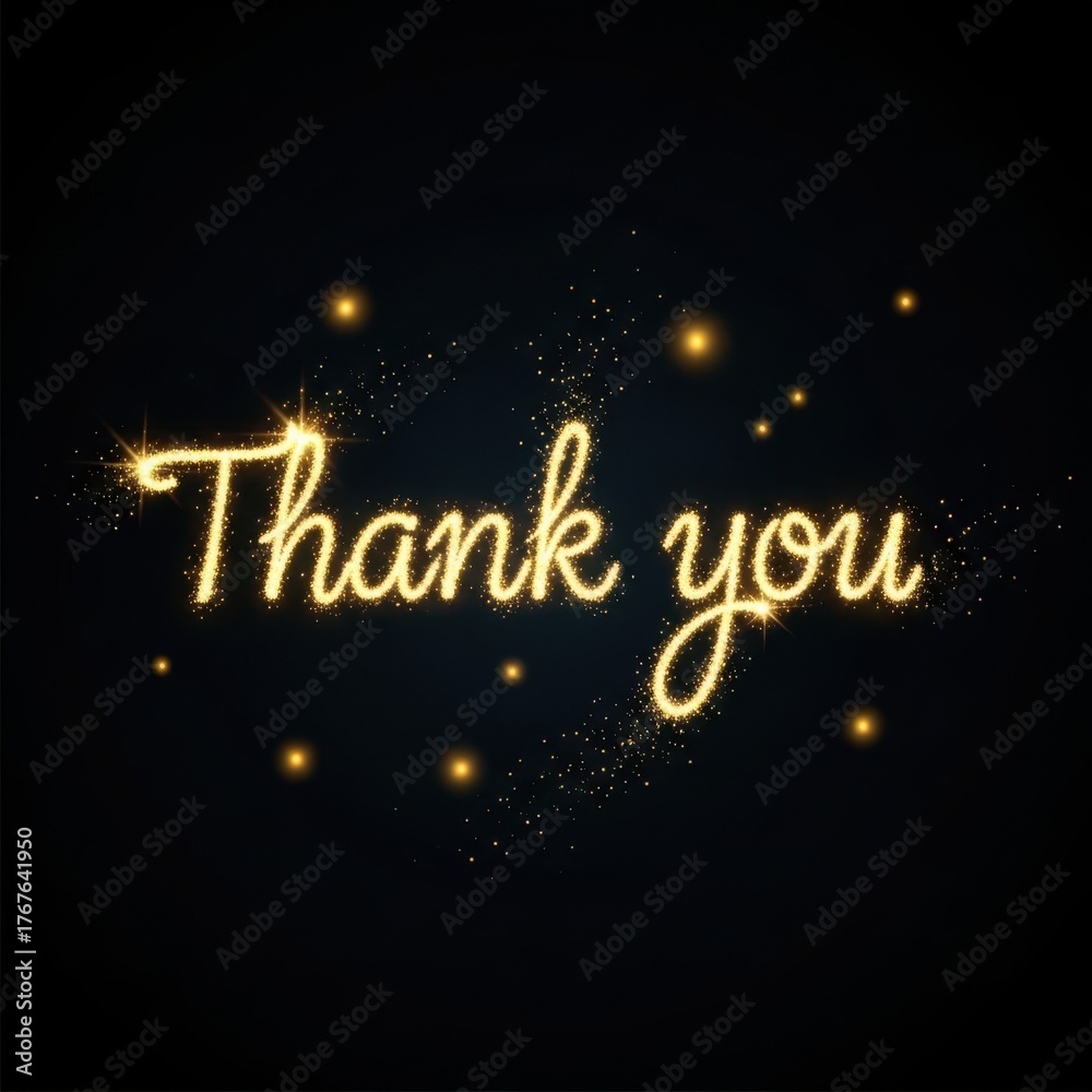 Fototapeta premium The words thank you written in sparkling golden glitter on a dark background with glowing lights