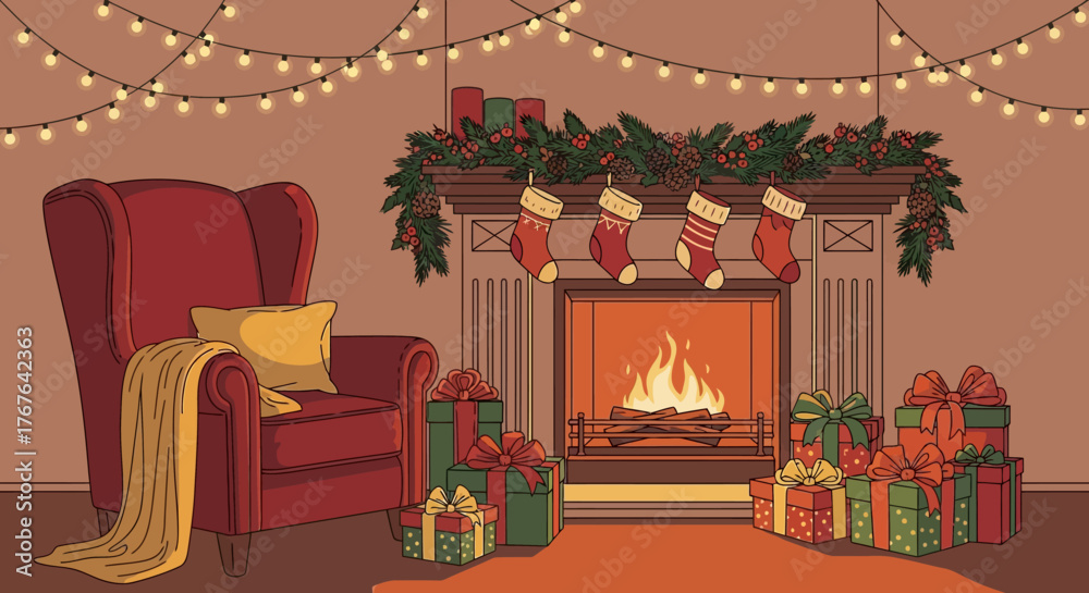 Naklejka premium Cozy christmas fireplace with stockings and festive decorations in warm holid…