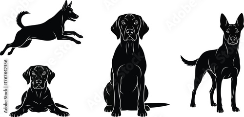 Collection of black dog silhouettes in various poses. Vector graphic set of canine icons