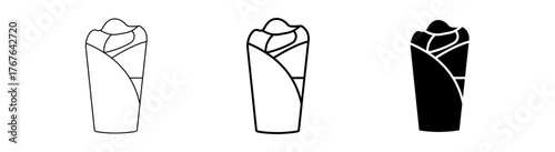 A versatile set of outline and solid style icons depicting a delicious wrapped food item like a burrito, kebab, or shawarma, ideal for menus and fast food concepts.