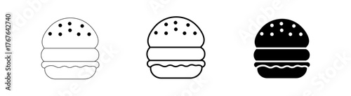 Set of hamburger icons with thin outline, bold line, and solid fill styles, perfect for quick service restaurant menus, food delivery app interfaces, and web design elements.