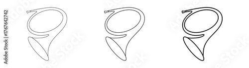A set of three modern black and white outline vector icons depicting a classical French horn brass musical instrument, perfect for music-related designs and artistic projects.