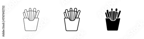 Set of three versatile french fries icons in outline, bold line, and solid fill styles, ideal for fast food menus, app design, and digital projects, symbolizing crispy potato snacks.
